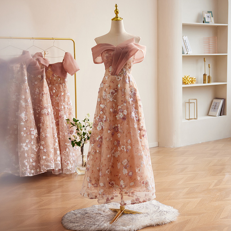 高級感 ピンク オフショルダー 花 パーティードレス 綺麗 誕生日 演奏会 二次会 前撮り 披露宴 08797