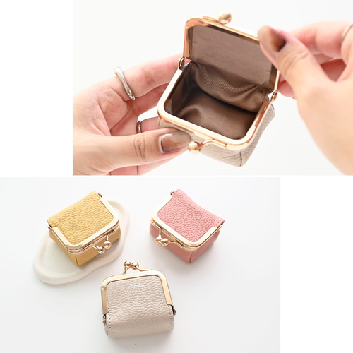 ボックス型 がま口 ミニポーチ 【 本革 ニュアンス 名入れ 】 深型