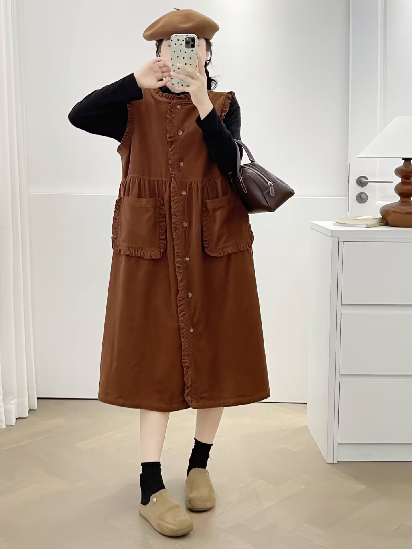 秋冬新作婦人服日系甘美キクラゲレースコーデュロイコットン重ね着タンクトップスカートゆったりワンピース