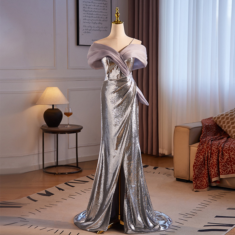 高級感 シルバー オフショルダー スパンコール キラキラ マーメイドドレス 演奏会 二次会 前撮り 披露宴 08793