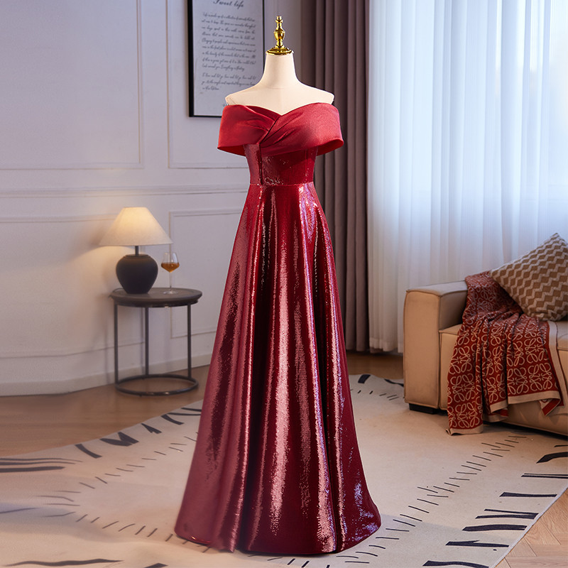 高級感 ボルドー スパンコール キラキラ パーティードレス シンプル 花嫁 演奏会 二次会 前撮り 披露宴 08792