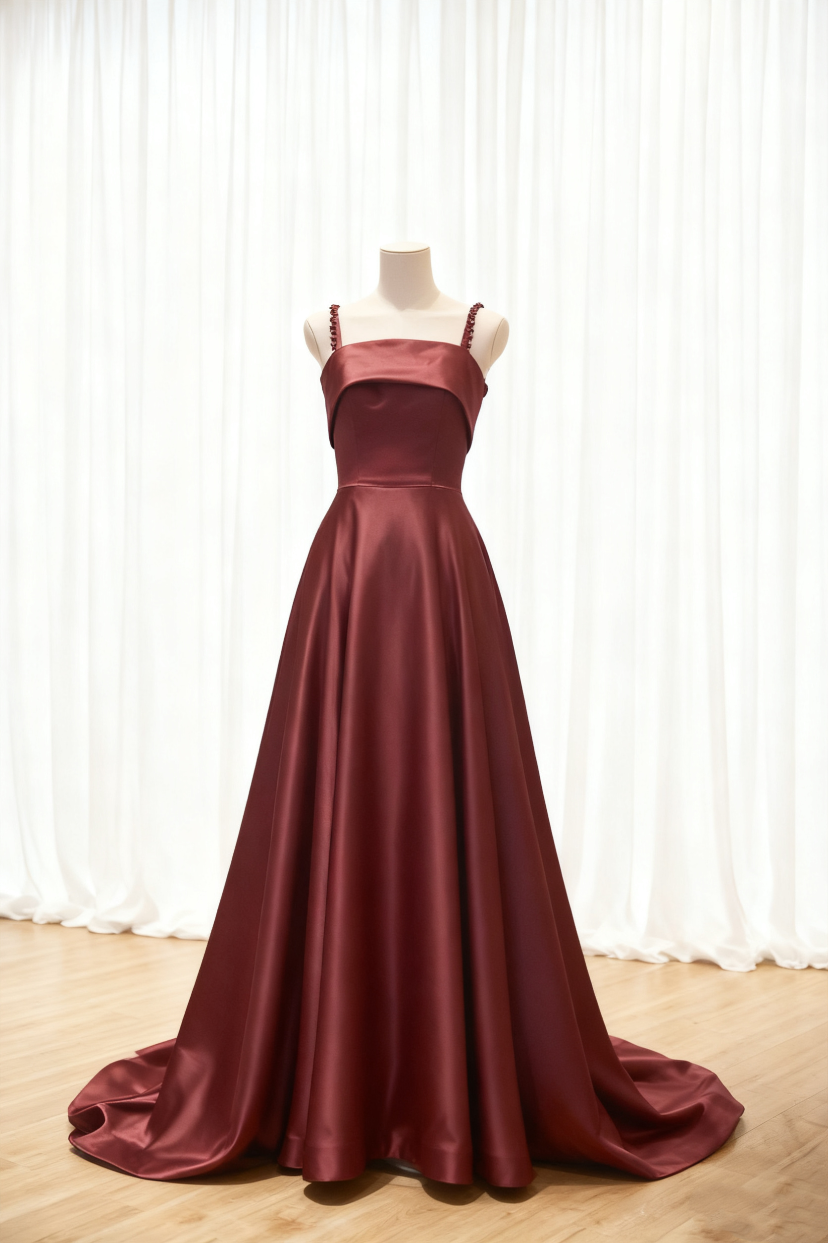 送料無料！パーティードレス キャミソール スクエアネック ワインレッド 細見えシルエット 光沢サテン 前撮り