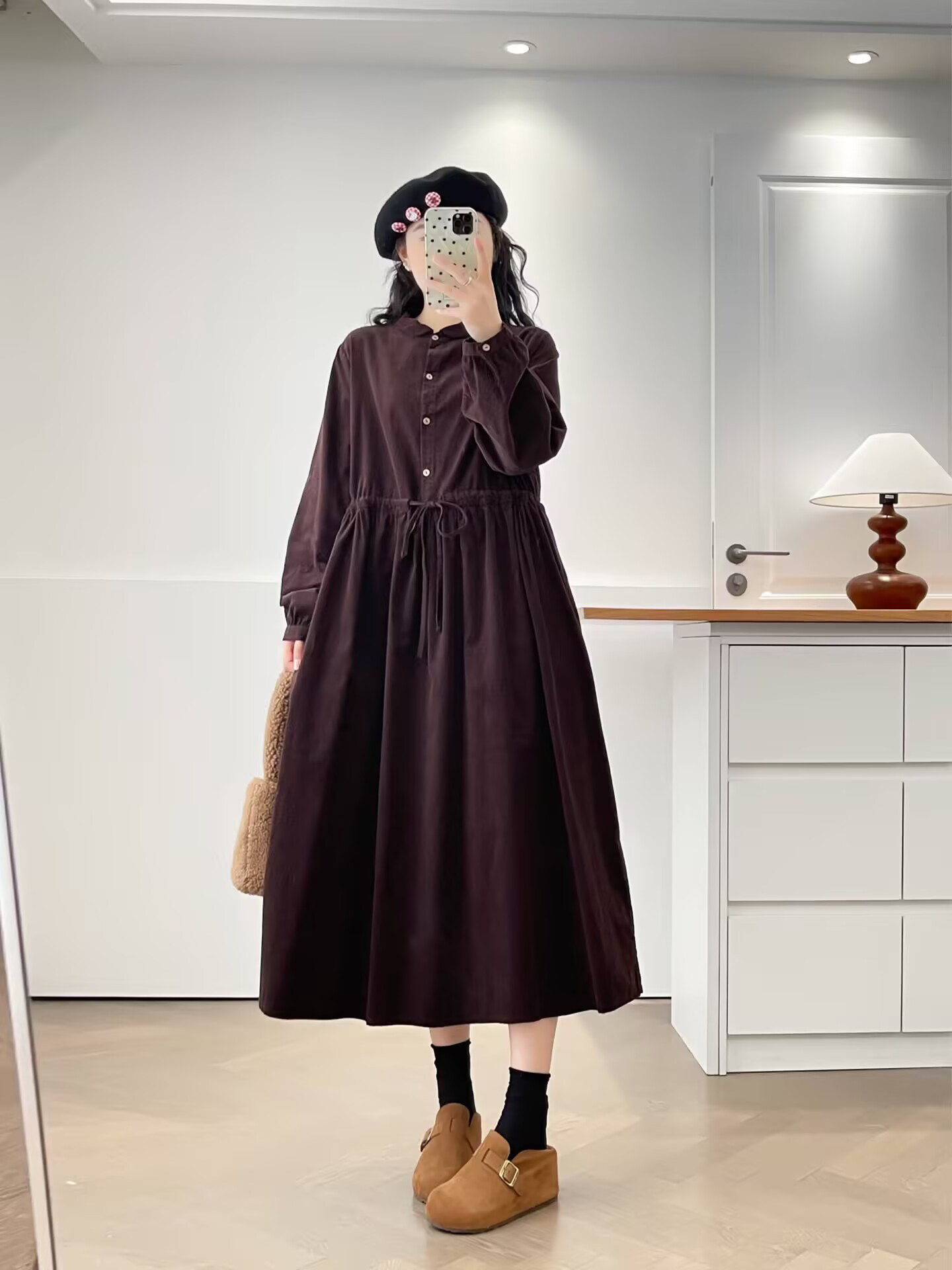 秋冬新作婦人服文芸小清新コーデュロイコットン長袖ワンピース