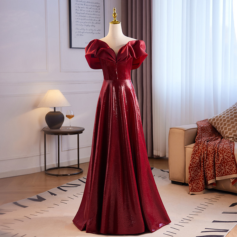 高級感 ボルドー Vネック キラキラ パーティードレス シンプル 花嫁 結婚式演奏会 二次会 前撮り 披露宴 08791