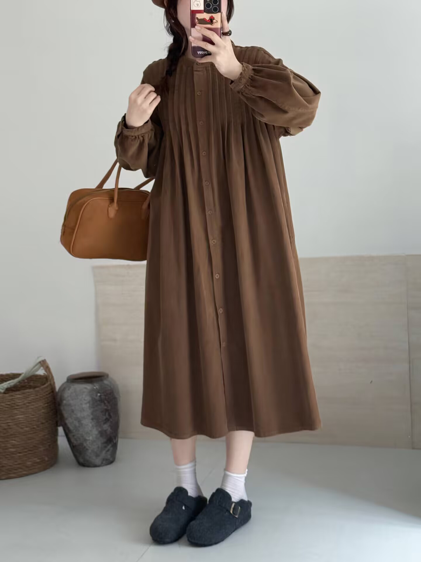 秋冬新作スウィートオルガンプリーツ長袖ゆったりワンピース