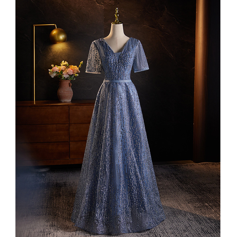 高級感 青 半袖 キラキラ パーティードレス 花嫁 誕生日 演奏会 二次会 前撮り 披露宴 08789