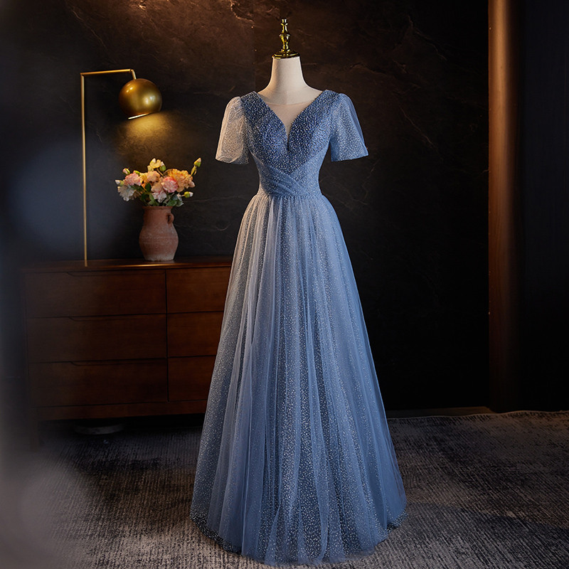 高級感 青 半袖 チュール キラキラ パーティードレス 花嫁 誕生日 演奏会 二次会 前撮り 披露宴 08788