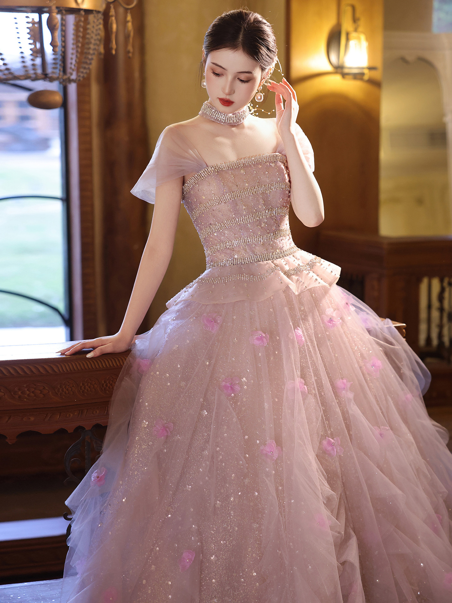 綺麗 ピンク 花 キラキラ ウェディングドレス プリンセス 花嫁 結婚式 演奏会 二次会 前撮り 披露宴 09120