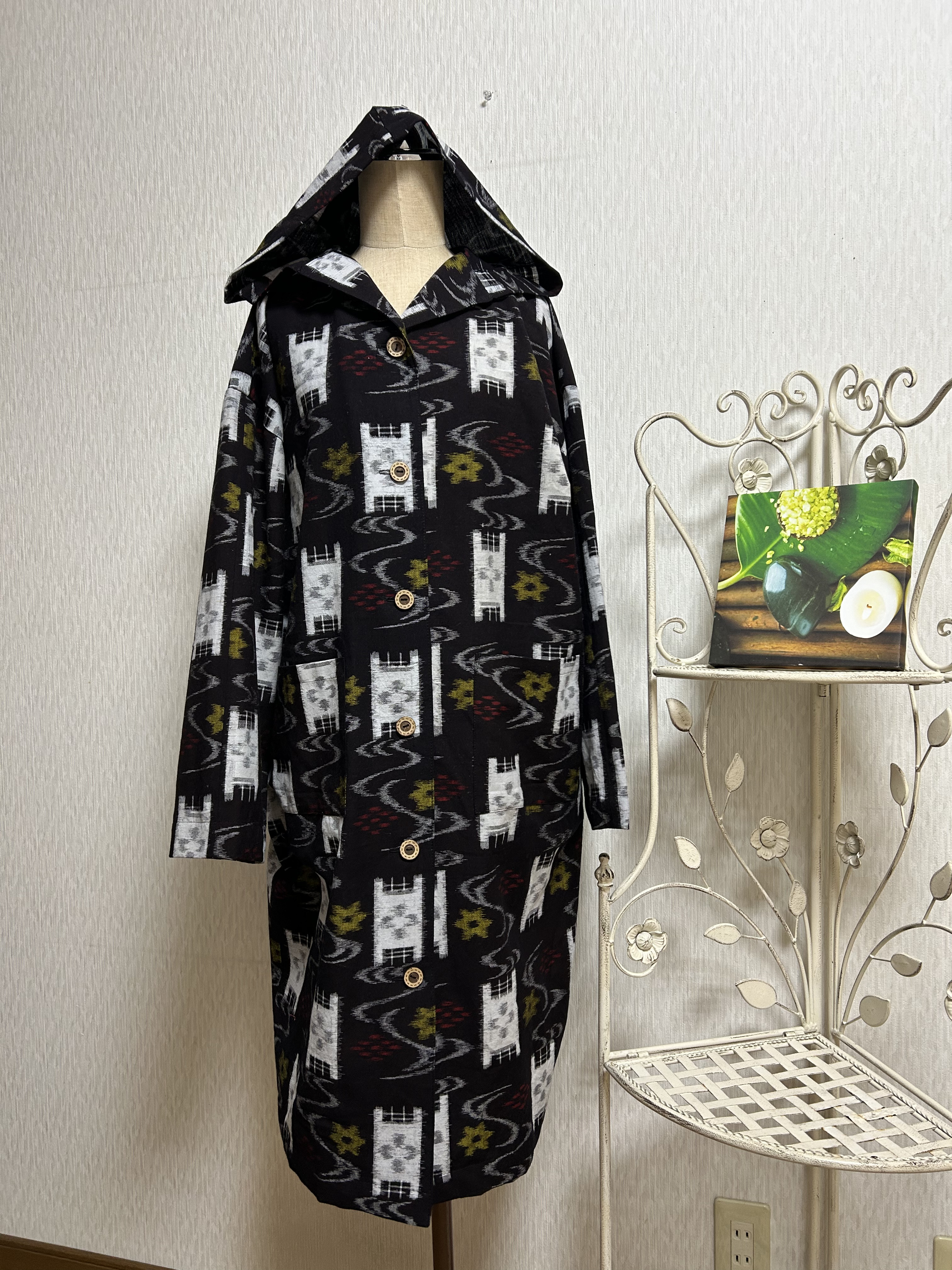 久留米絣のフード付きコートジャケット