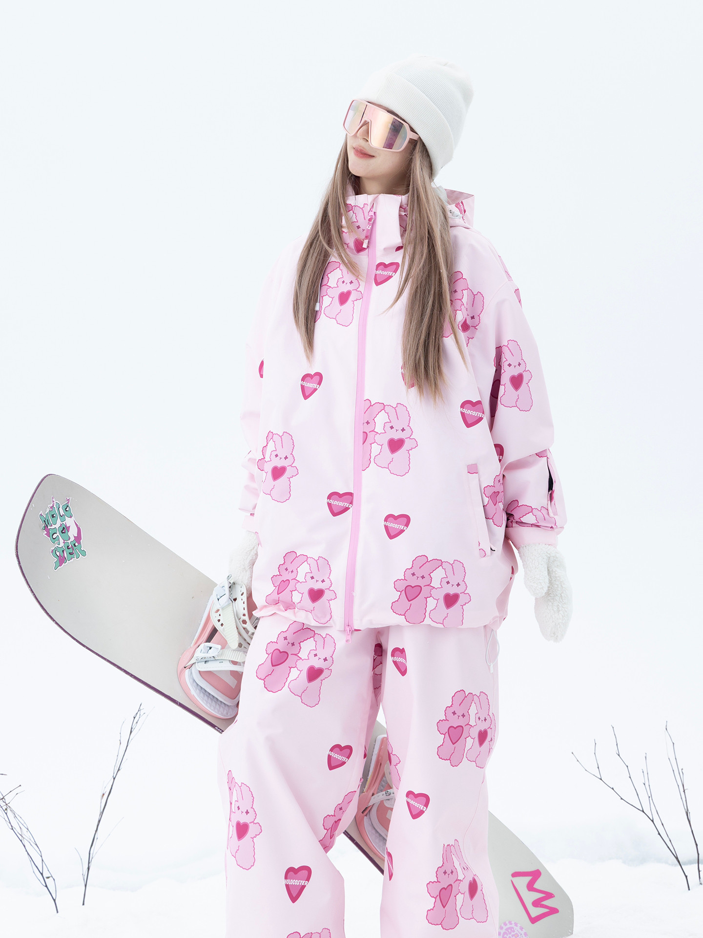 25-26 スノーボードウェア 上下セット ピンク うさぎ 3L メンズ レディース ジャケット パンツ SK018