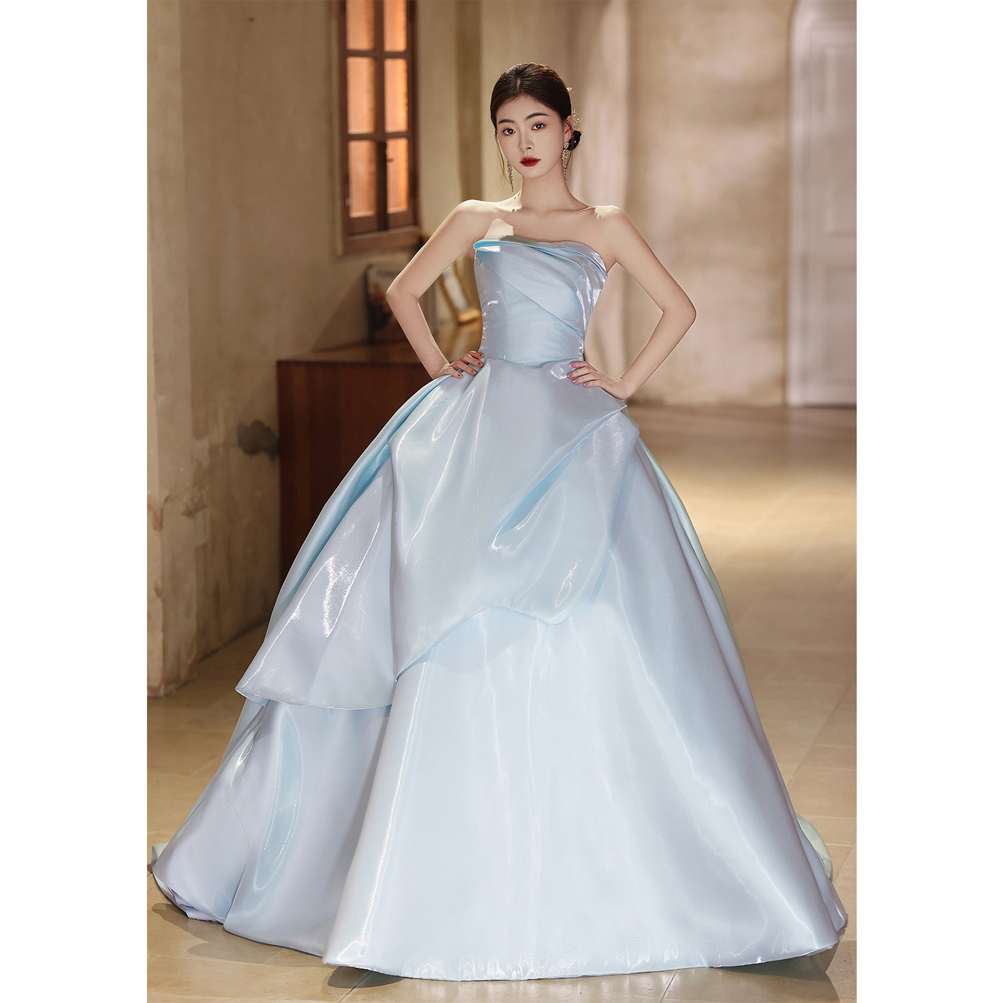 綺麗 薄青 サテン パーティードレス プリンセス 花嫁 誕生日 成人式 演奏会 二次会 前撮り 披露宴 09122