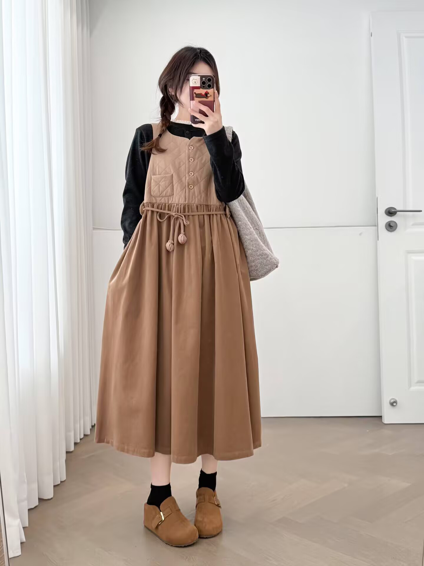 秋冬の新作婦人服甘めコットンニップル綿麻チョッキスカート重ね着厚手ワンピース