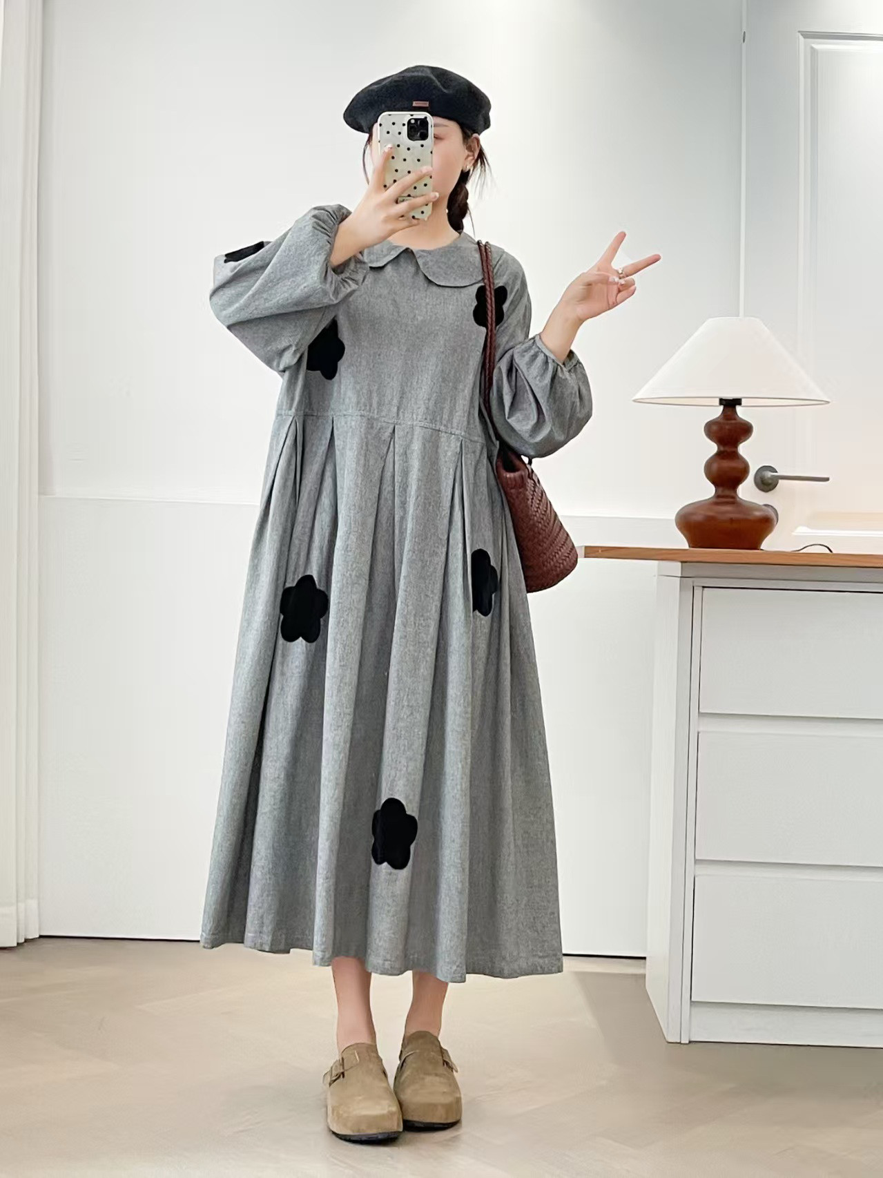 秋冬新作レディースネック綿麻ゆったりワンピース長袖重ね着ロングスカート