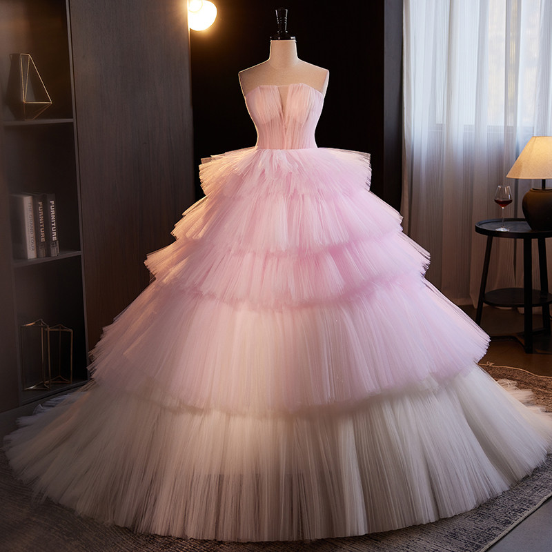 豪華 ピンク ティアードドレス プリンセス 高級感 花嫁 誕生日 成人式 演奏会 二次会 前撮り 披露宴 08787