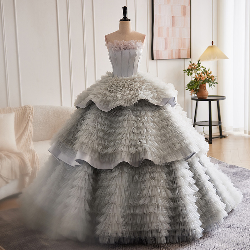 豪華 グレー ふわふわ ウェディングドレス プリンセス 高級感 花嫁 成人式 演奏会 二次会 前撮り 披露宴 08781
