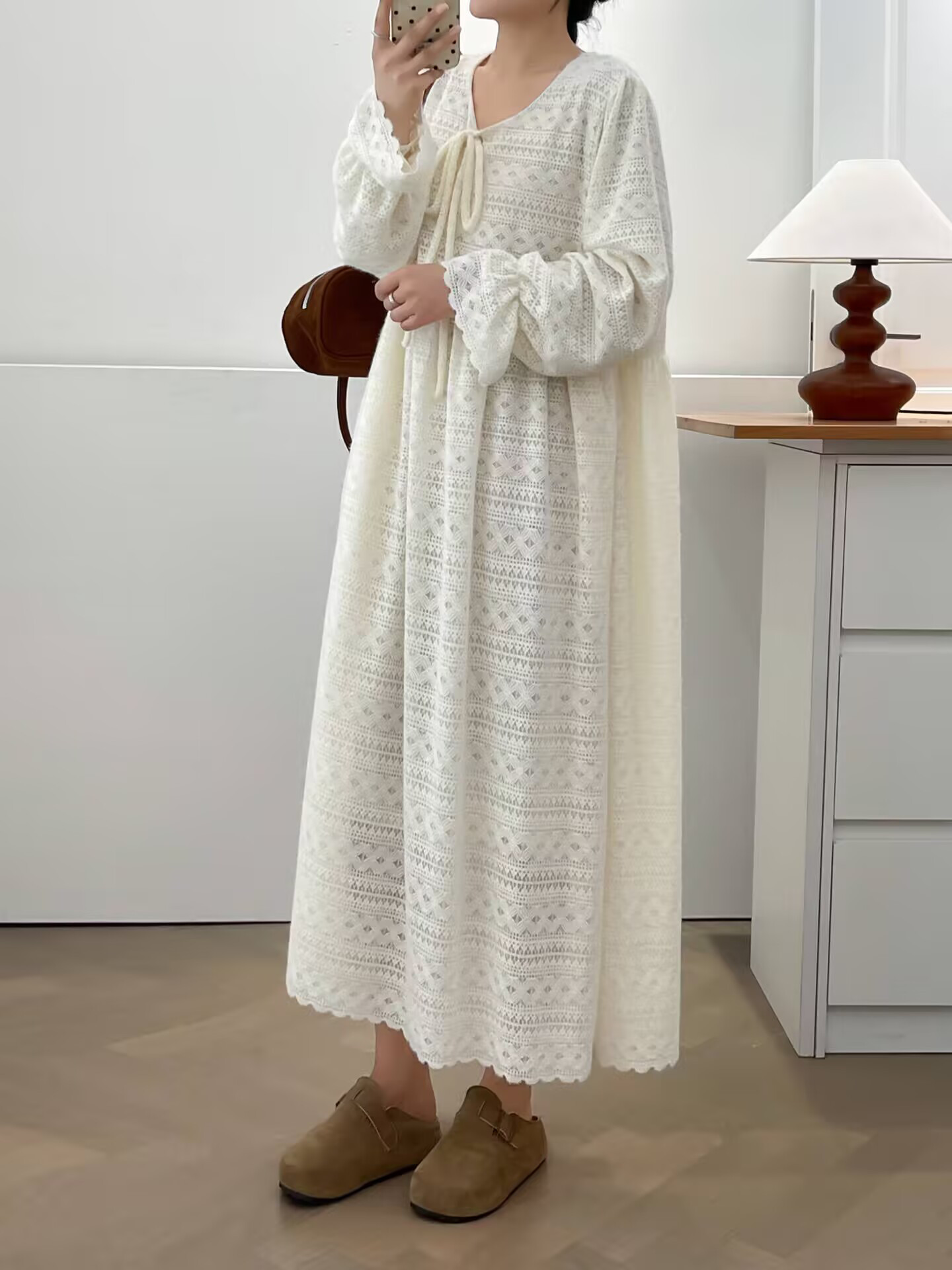 秋冬新作婦人服文芸ベルト丸首優しい風重ね着ワンピース 6,738円