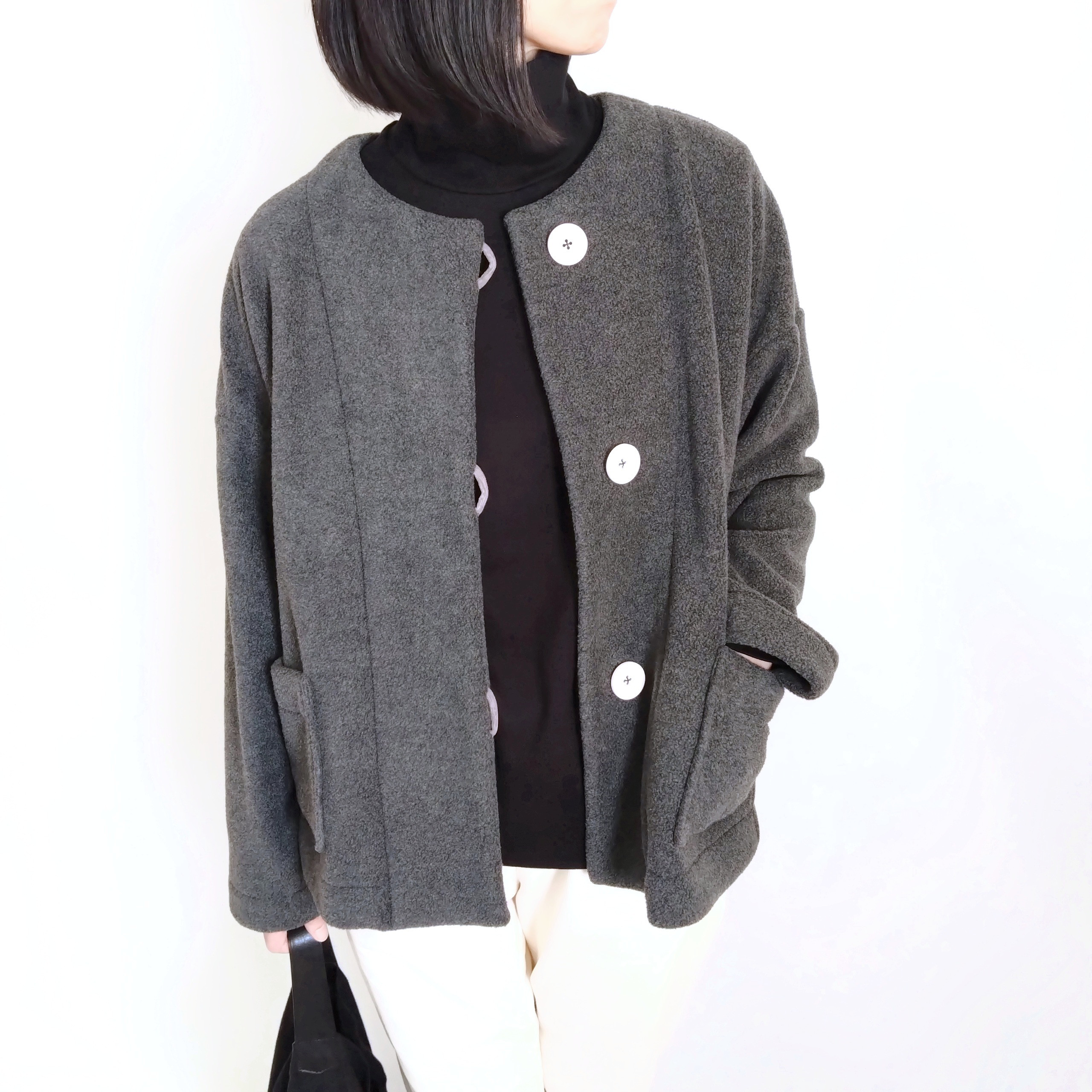 新色！ 再販！× 10  メルトンフリースのカーディ  濃い杢グレー