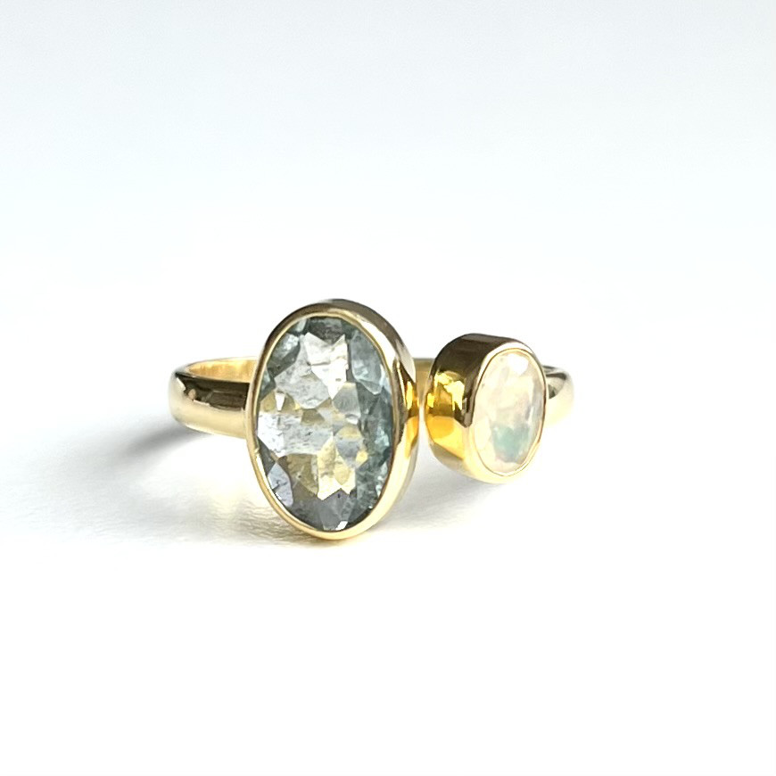 アクアマリンとオパールのフォークリング SV925 18KGP