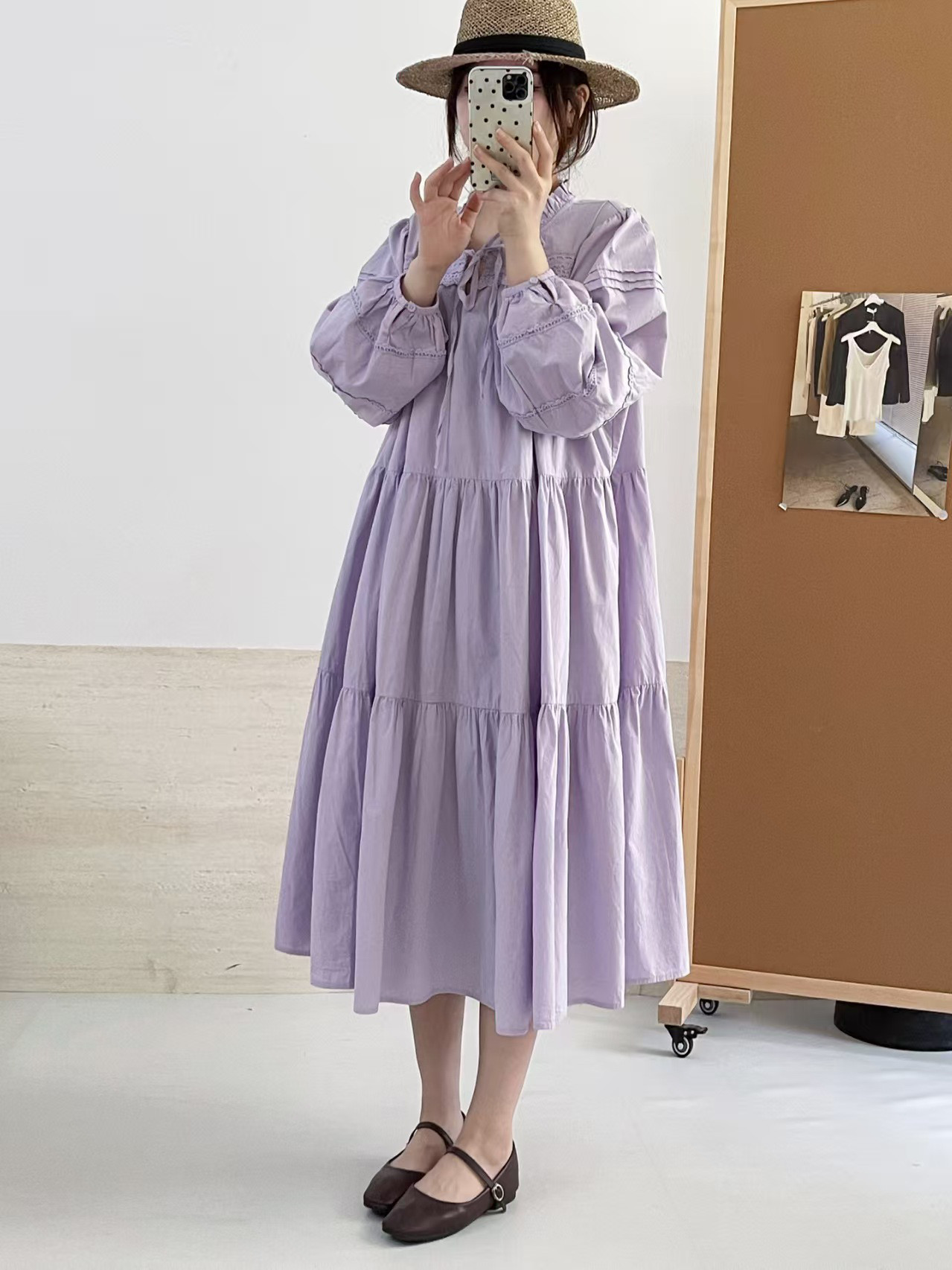 秋冬新作婦人服丸首綿麻長袖ワンピース