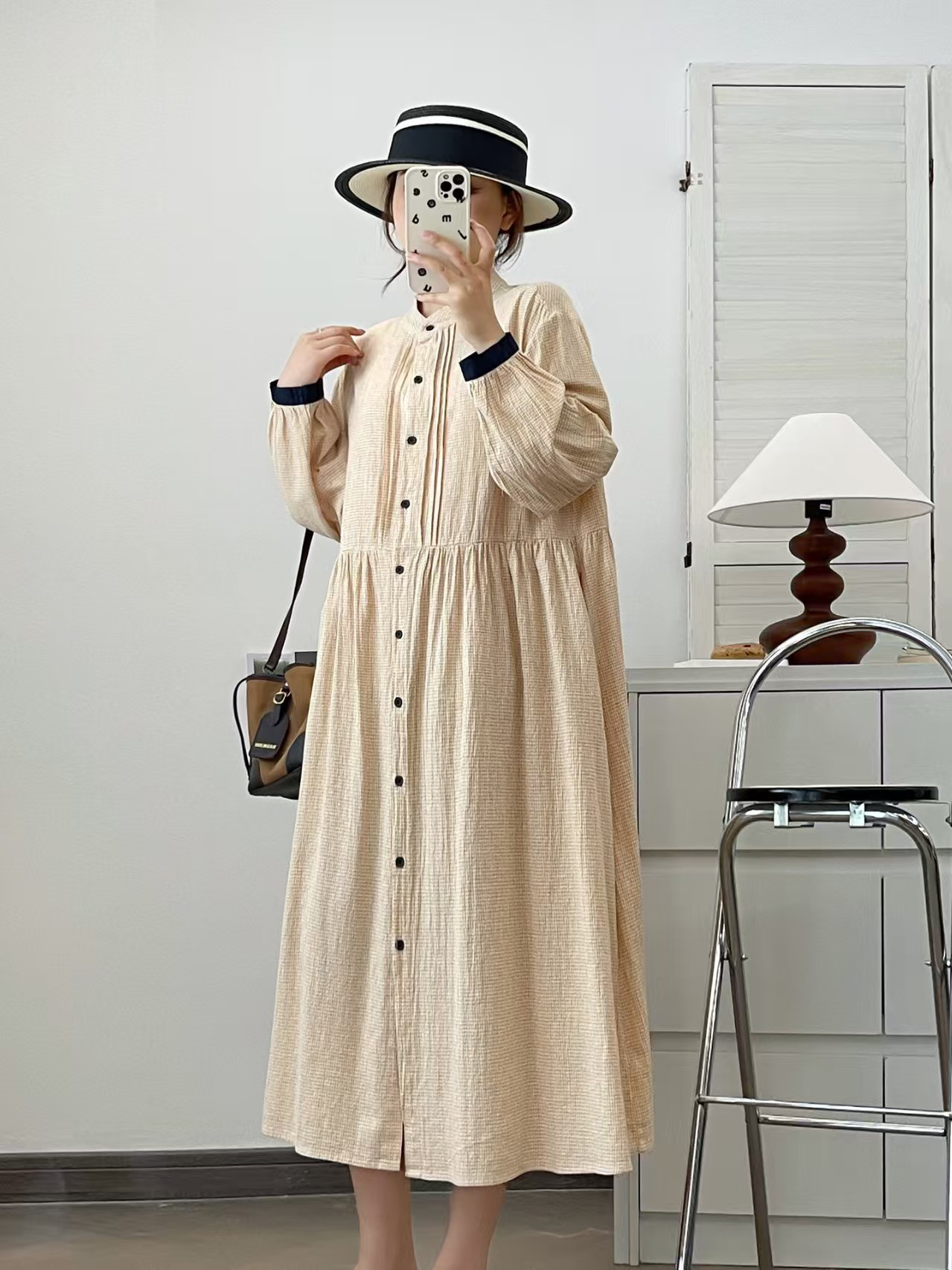秋冬新作婦人服綿麻純色ゆったり長袖ワンピース