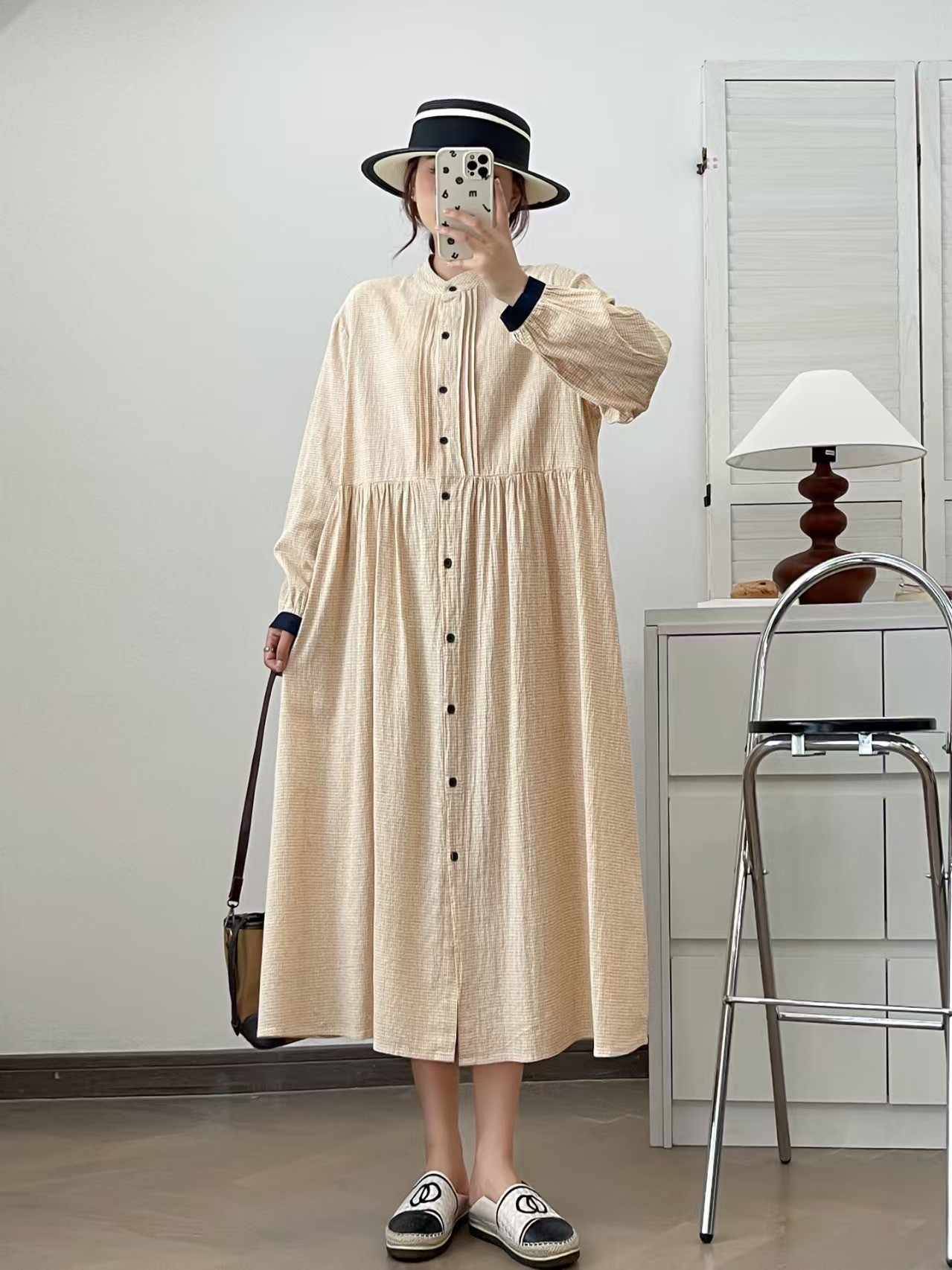 秋冬新作婦人服綿麻純色ゆったり長袖ワンピース