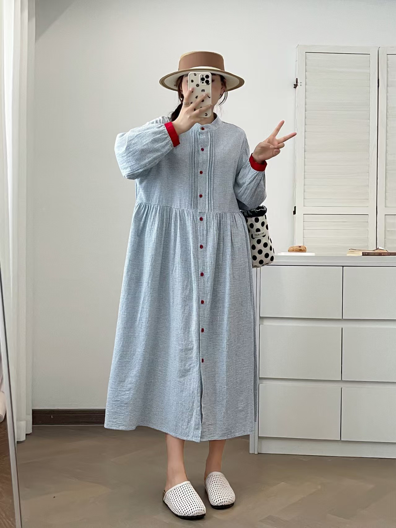 秋冬新作婦人服綿麻純色ゆったり長袖ワンピース