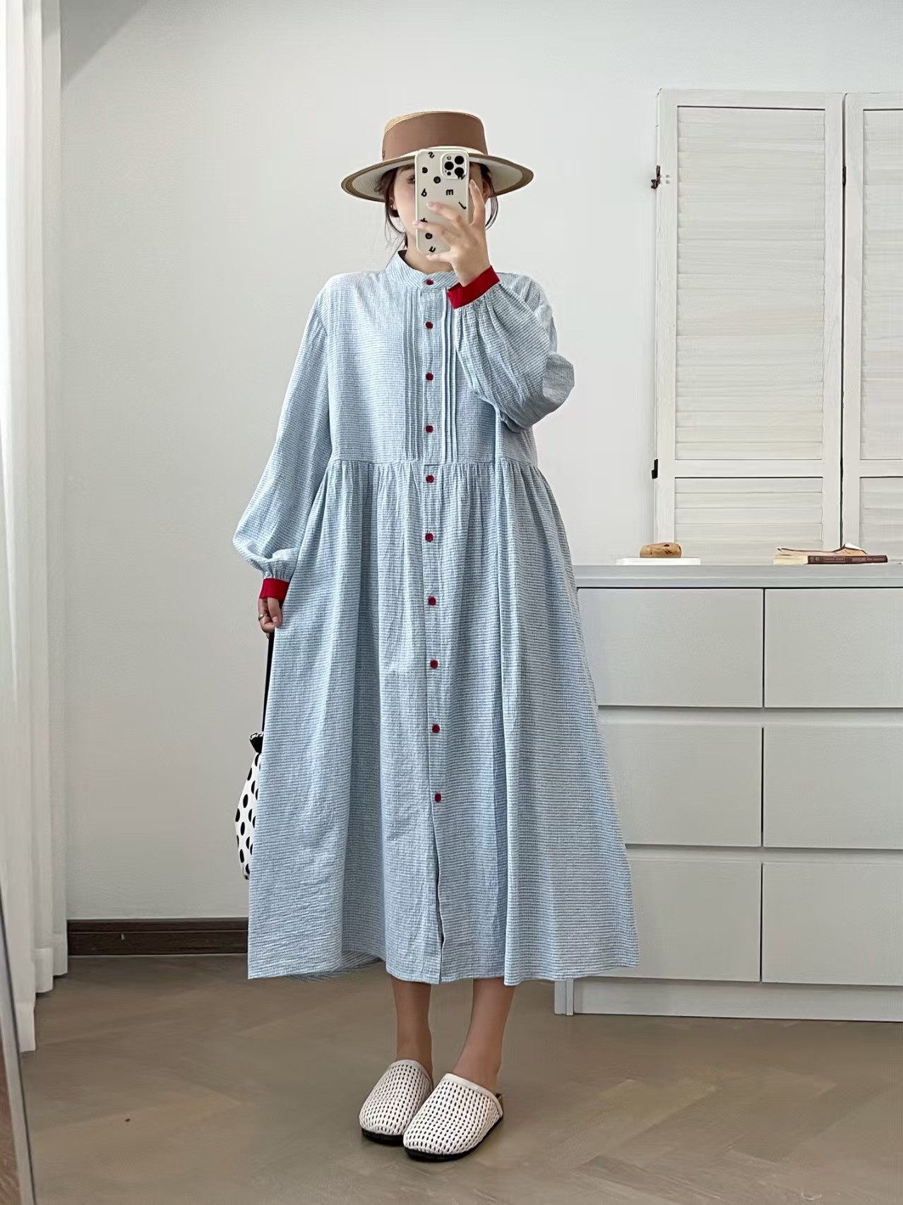 秋冬新作婦人服綿麻純色ゆったり長袖ワンピース