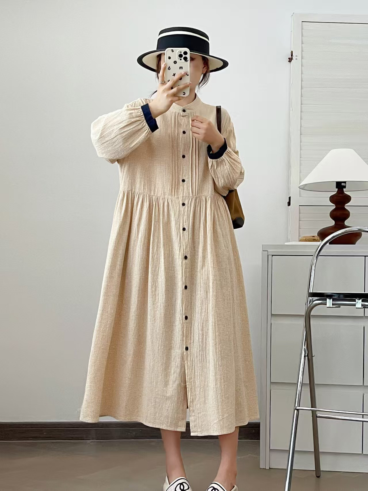 秋冬新作婦人服綿麻純色ゆったり長袖ワンピース