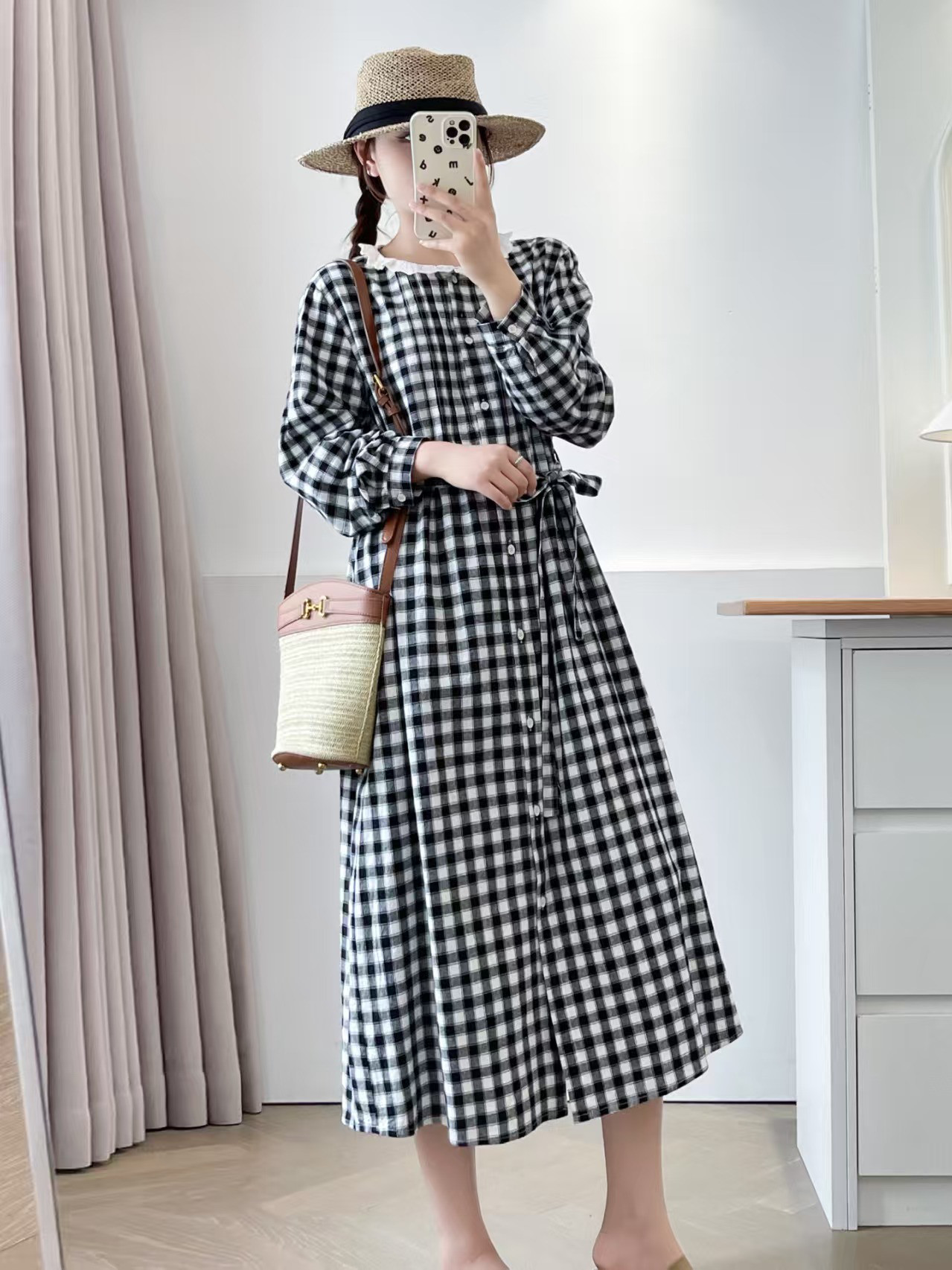 秋冬新作レディースチェック長袖ワンピース