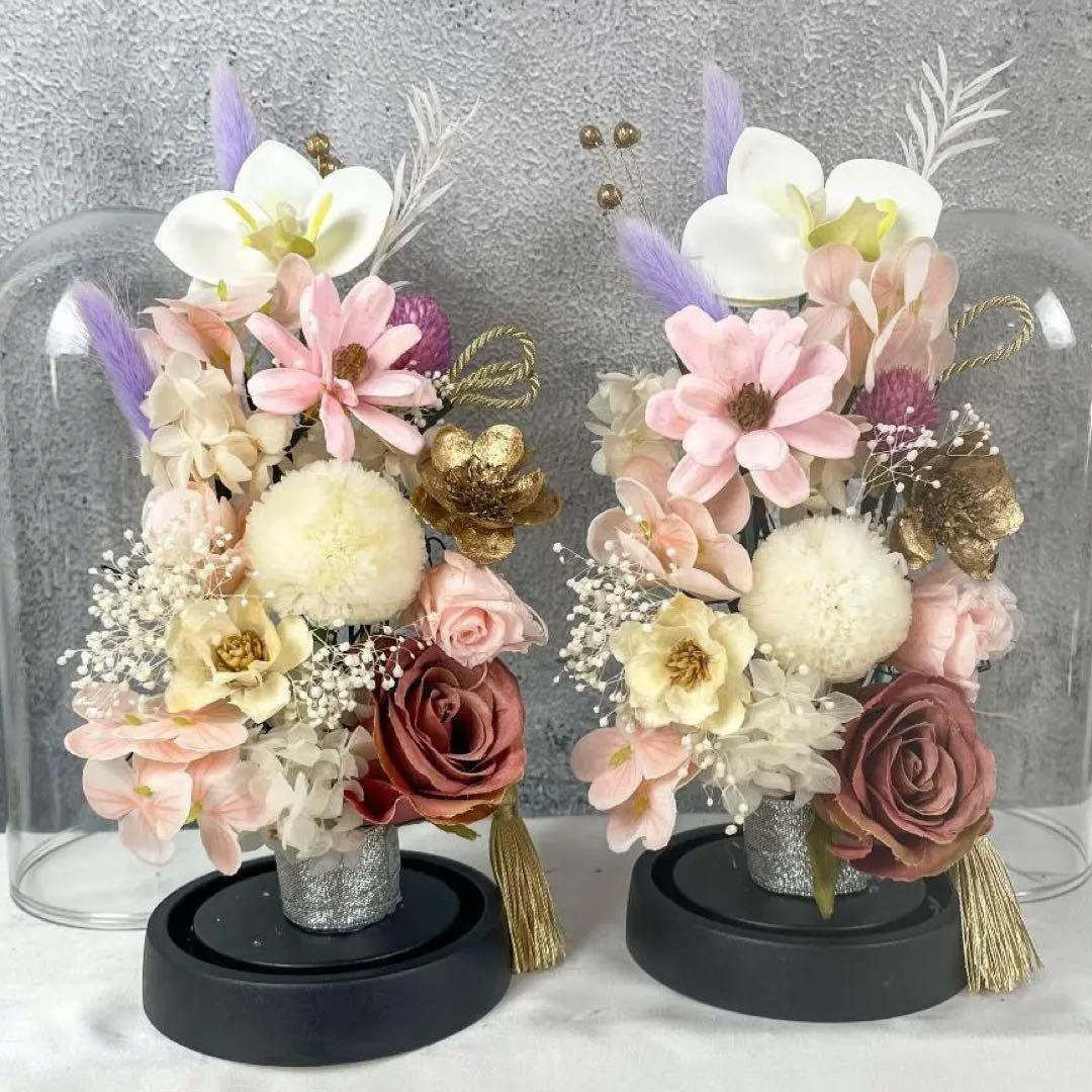 1対　■プリザーブド仏花♪上品ピンク×金の彩り■　クリアケース付き