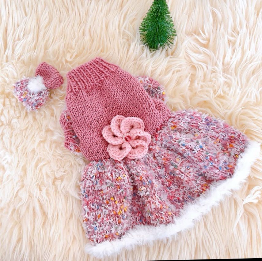 M334  犬・猫用手編みワンピース　ヘアーアクセサリーセットアップ