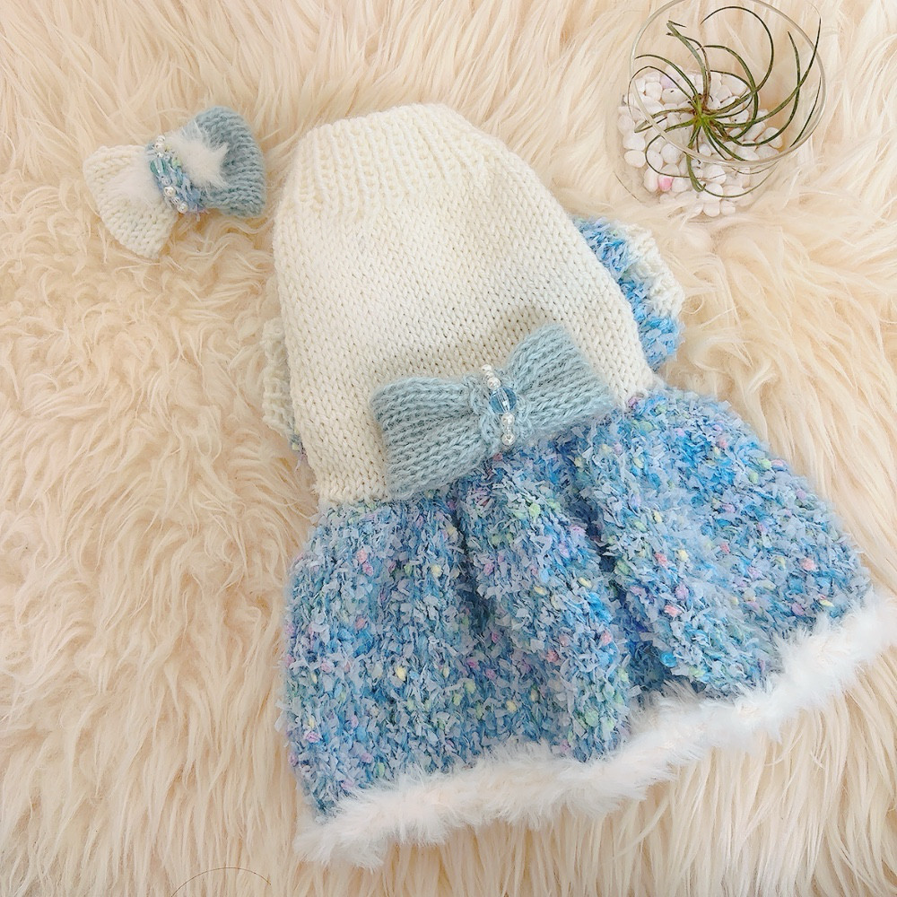 M335 犬・猫用手編みワンピース　ヘアーアクセサリーセットアップ