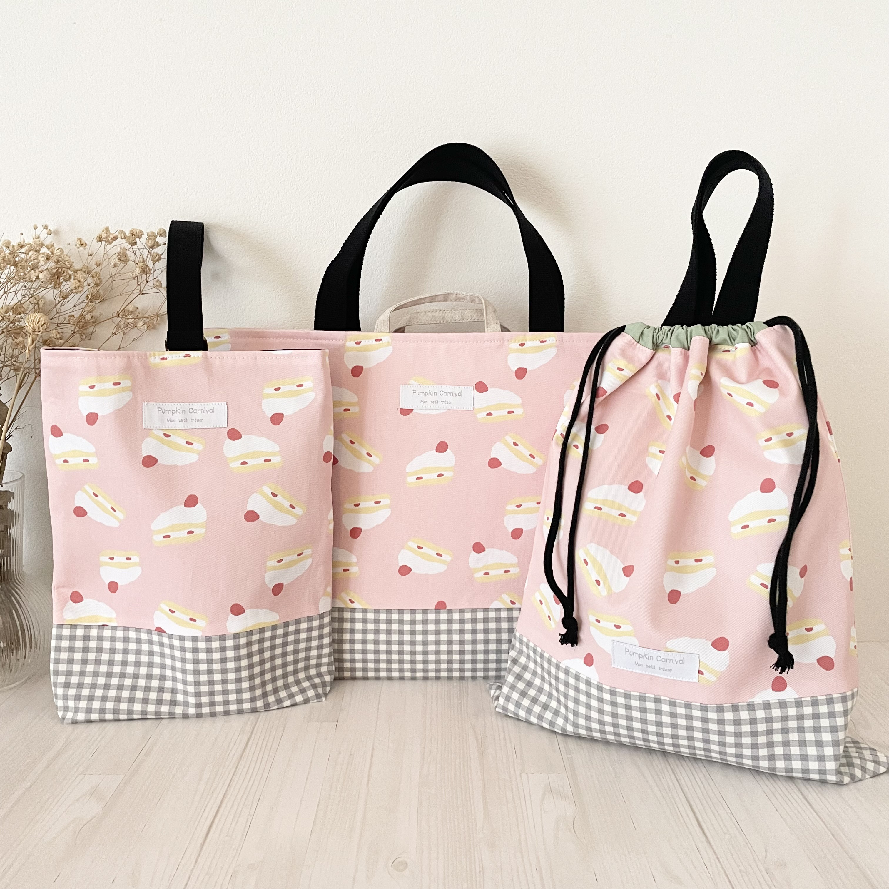 入園入学セット★ショートケーキ★レッスンバッグ★お道具箱も入る★体操着袋　お着替え袋　上履き入れ★お名前タグ付き