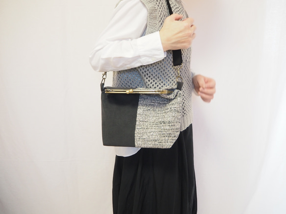 グレイッシュカラーブレンド×ベロアのがまぐちショルダーバッグ｜軽量バッグ｜おしゃれ｜一点もの 9枚目の画像