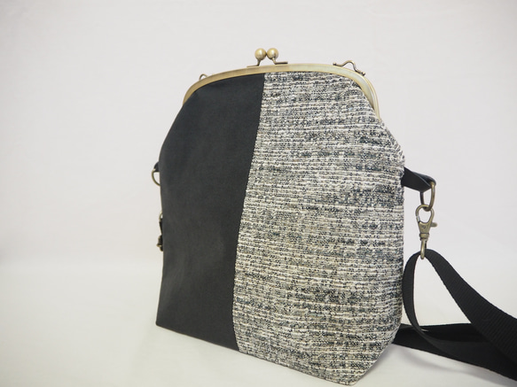 グレイッシュカラーブレンド×ベロアのがまぐちショルダーバッグ｜軽量バッグ｜おしゃれ｜一点もの 5枚目の画像