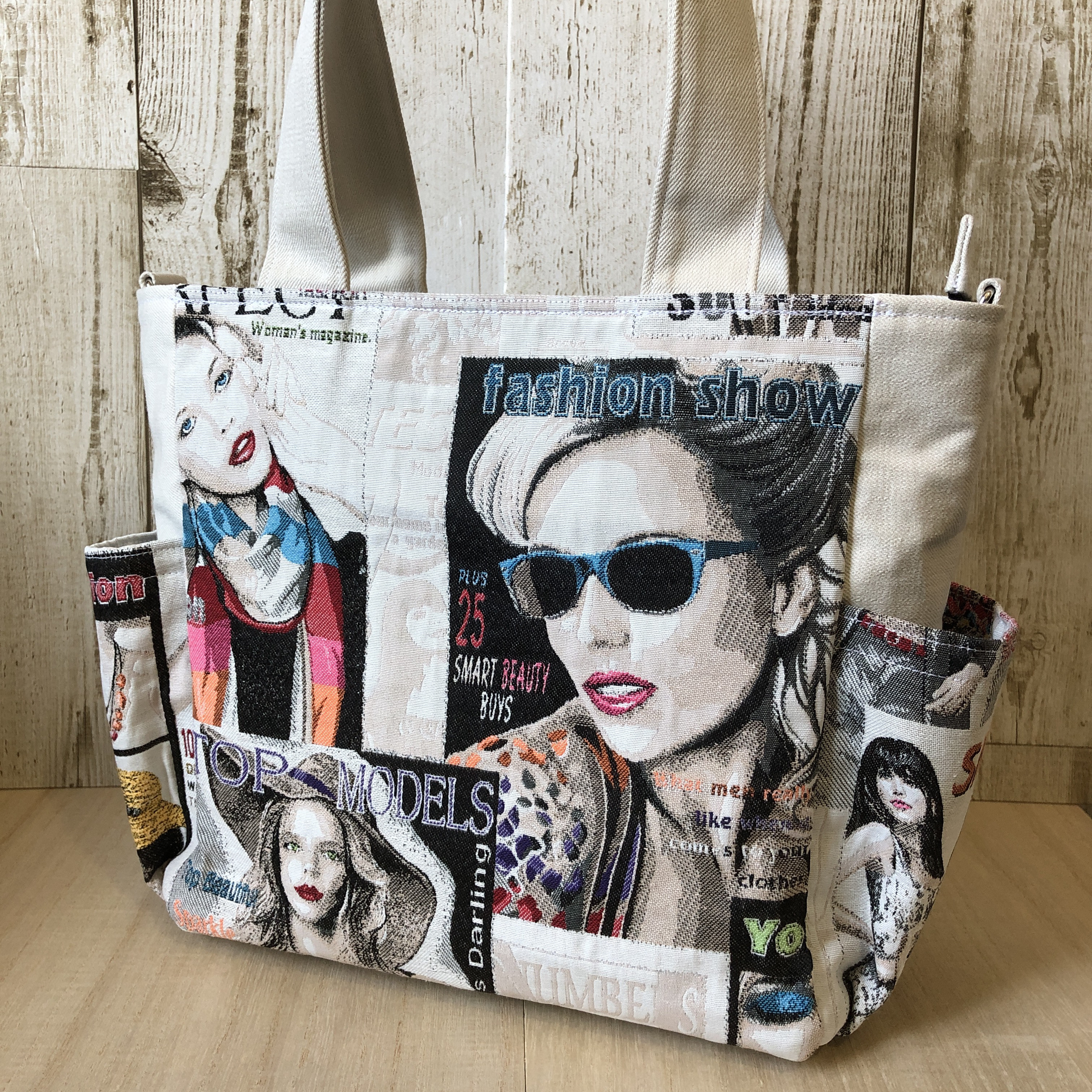 ヨーロッパ輸入ゴブラン織り使用　デニムトートバッグ　デニム×ゴブラン織り　アイボリー　オフホワイト　シルバー