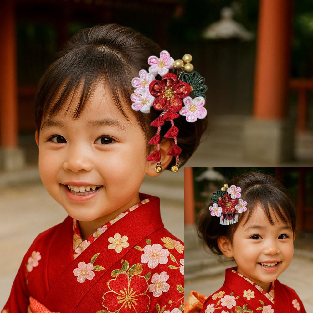 七五三 髪飾り | 赤花×桃色つまみ細工 | 銀びら・下がり飾りの華やか3点セット（S002）