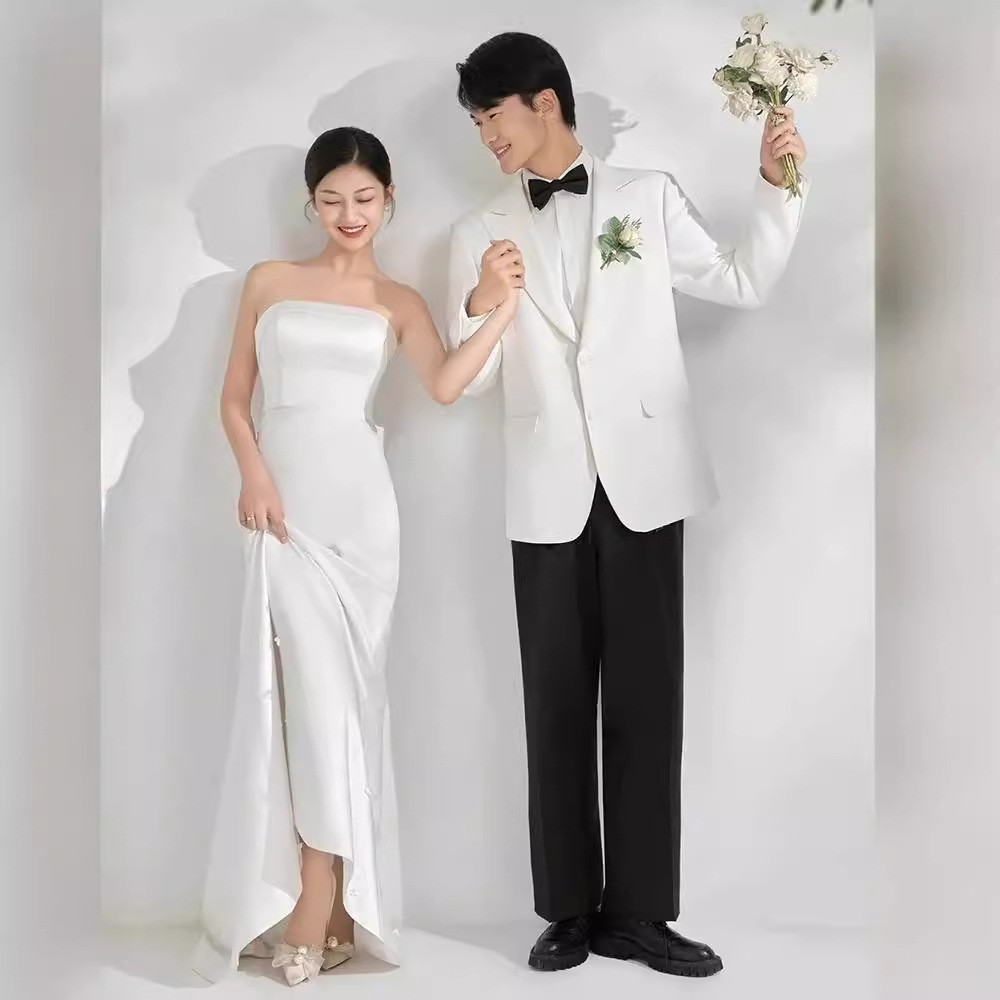 高級感 白 黒 サテン ウェディングドレス マーメイドドレス シンプル 花嫁 誕生日 二次会 前撮り HL594