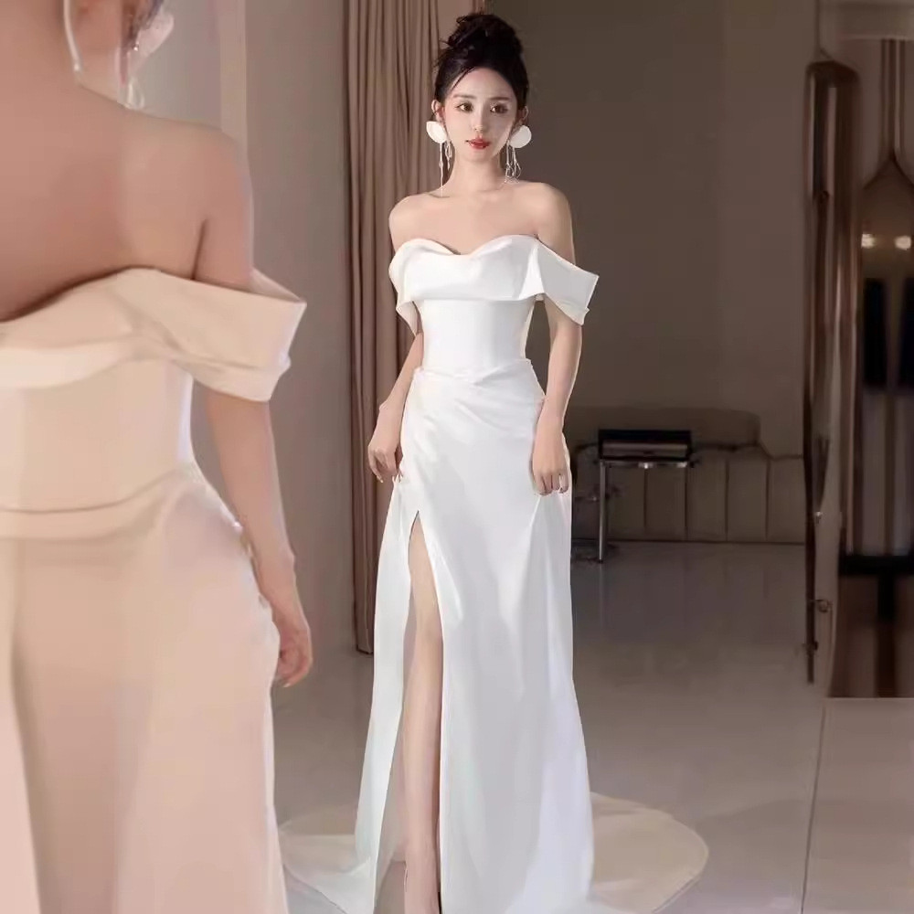 高級感 白 黒 サテン オフショルダー ウェディングドレス シンプル 花嫁 誕生日 二次会 前撮り HL595