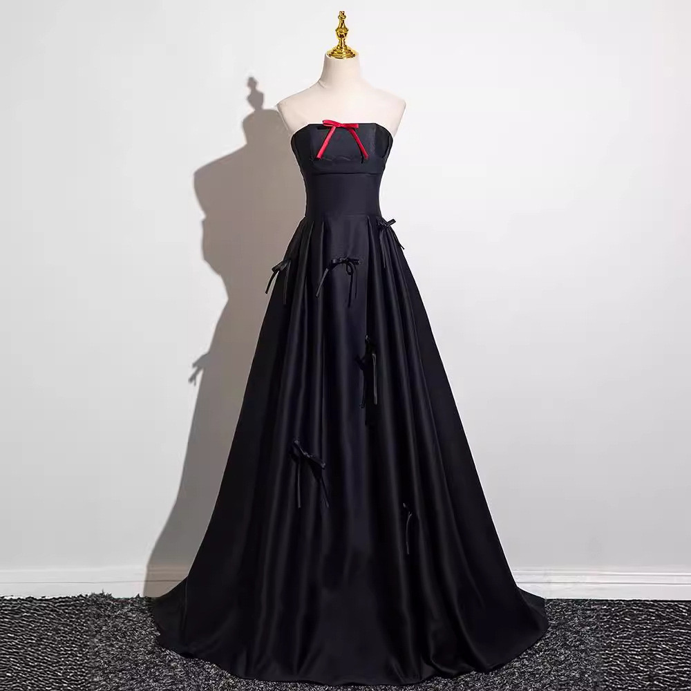 高級感 黒 リボン ノースリーブ パーティードレス シンプル 韓国風 花嫁 成人式 演奏会 二次会 前撮り HL596