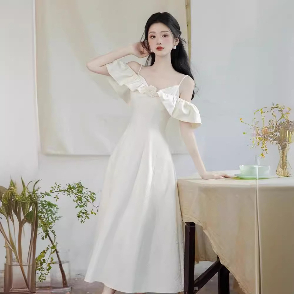 高級感 白 黒 オフショルダー パーティードレス シンプル 韓国風 花嫁 誕生日 二次会 前撮り HL597