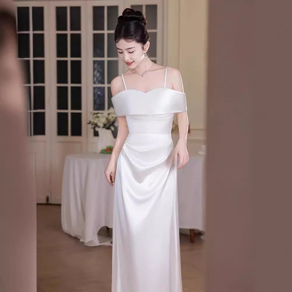 高級感 白 黒 オフショルダー パーティードレス シンプル 韓国風 花嫁 成人式 二次会 前撮り HL598