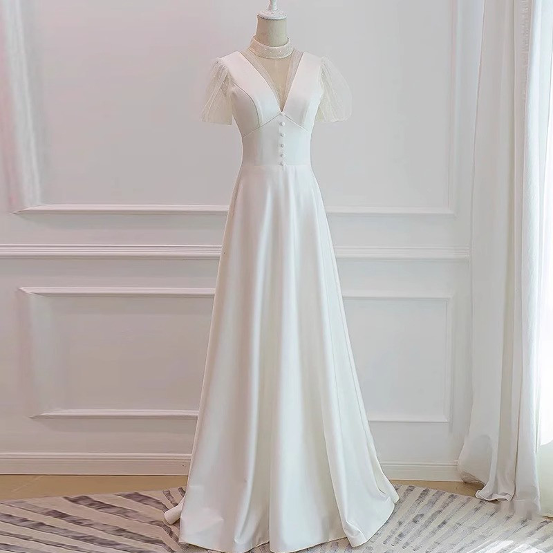 高級感 白 黒 サテン Vネック ウェディングドレス シンプル 花嫁 誕生日 二次会 前撮り HL599