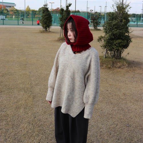 ハンドメイド　mohair ボンネット　ニット帽子　バラクラバ　フード　赤茶色 ハンドメイド バラクラバ ボンネット 手編み ニット帽 ワインレッド