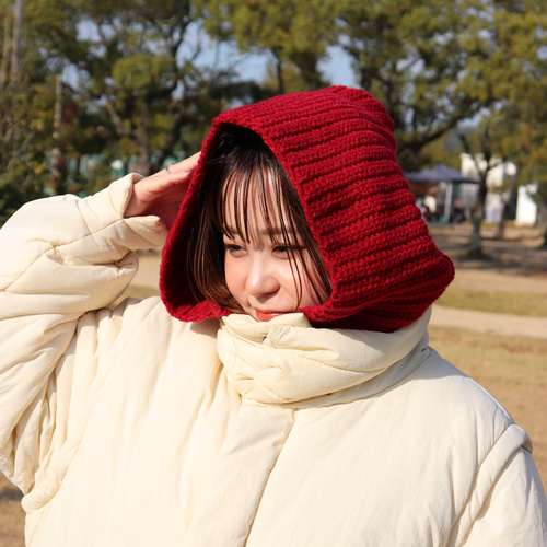 ハンドメイド　mohair ボンネット　ニット帽子　バラクラバ　フード　赤茶色 ハンドメイド バラクラバ ボンネット 手編み ニット帽 ワインレッド