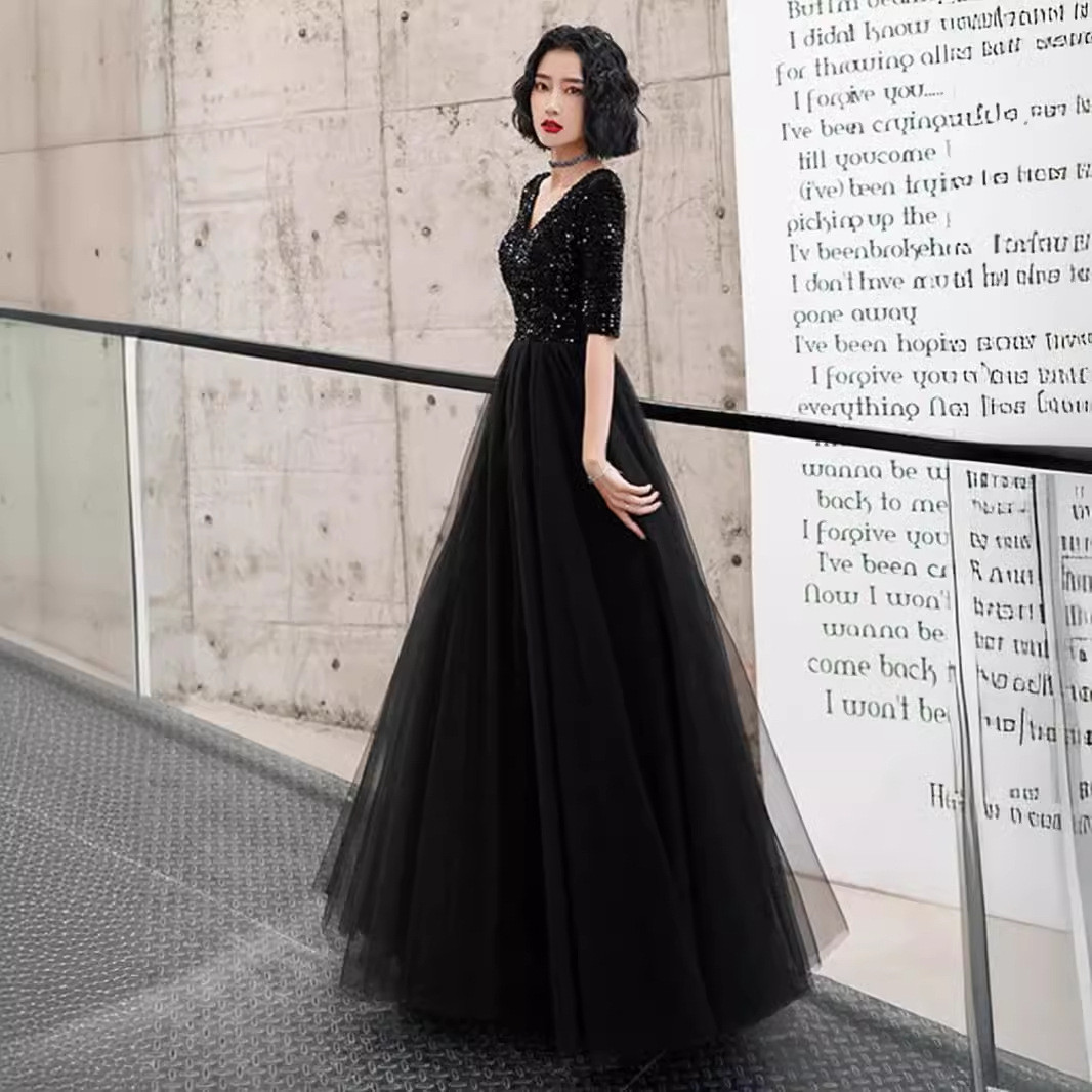 高級感 黒 半袖 Vネック パーティードレス シンプル 韓国風 花嫁 成人式 演奏会 二次会 前撮り HL601