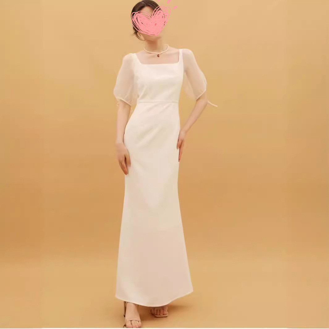 高級感 白 黒 半袖 パーティードレス シンプル 優雅 花嫁 誕生日 二次会 前撮り HL602