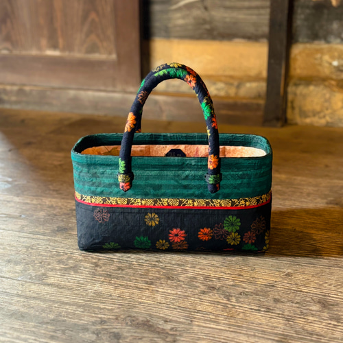 花柄　一閑張りカゴバック 花柄紬＆西陣織＆もみじ（横長サイズ）かごバッグ 一閑張り・一貫張り