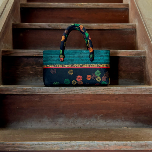 花柄紬＆西陣織＆もみじ（横長サイズ）かごバッグ 一閑張り・一貫張り