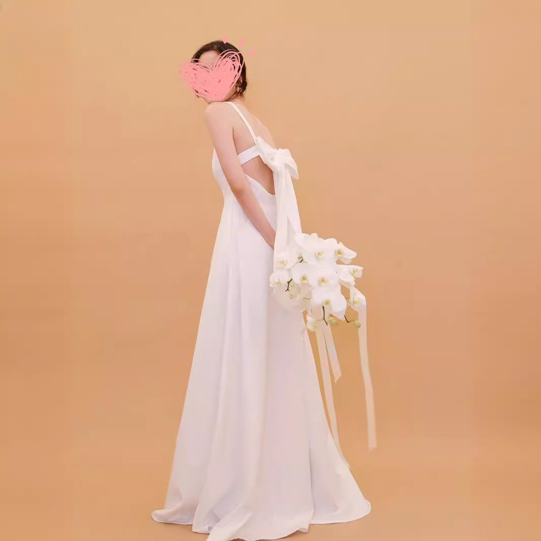 高級感 白 黒 ウェディングドレス バックリボン 韓国風 シンプル 花嫁 誕生日 二次会 前撮り HL603